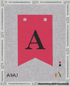 A taped needlepoint canvas with the design: Banner 18 mesh count Forked A Black on Red.