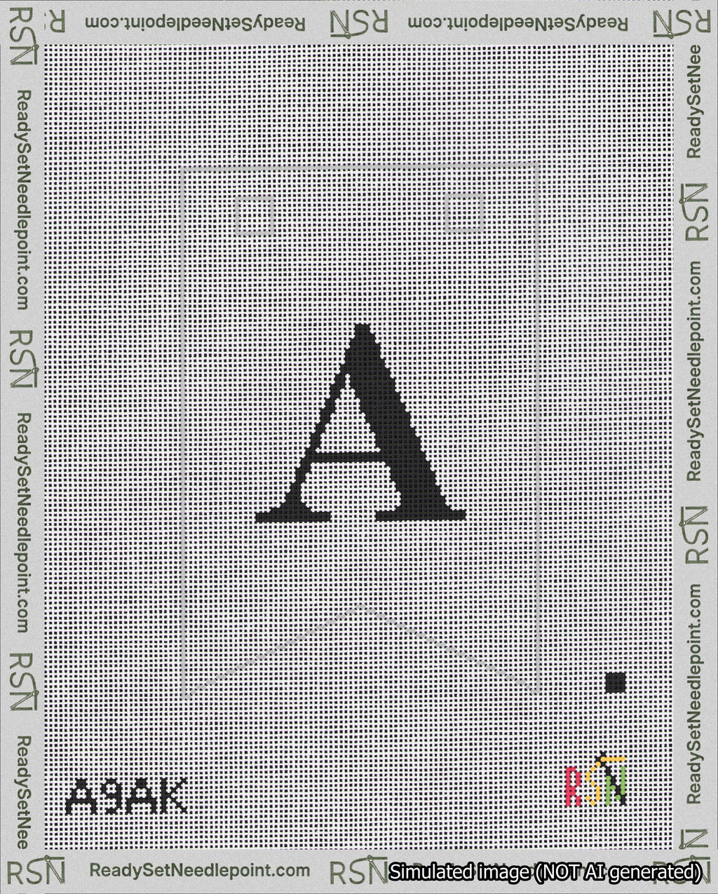 A taped needlepoint canvas with the design: Banner 18 mesh count Forked A Black on White.