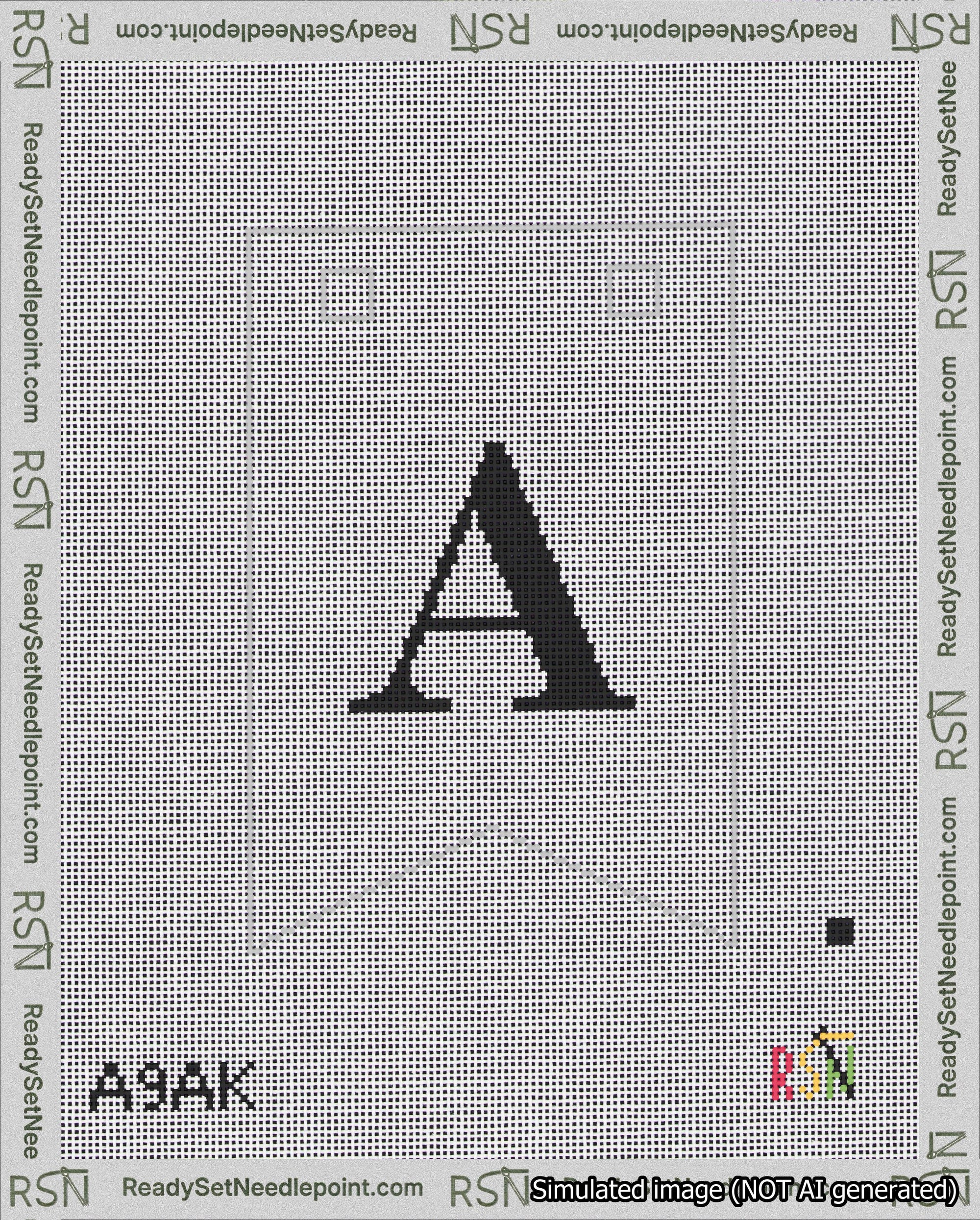 A taped needlepoint canvas with the design: Banner 18 mesh count Forked A Black on White.