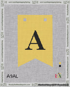 A taped needlepoint canvas with the design: Banner 18 mesh count Forked A Black on Yellow.