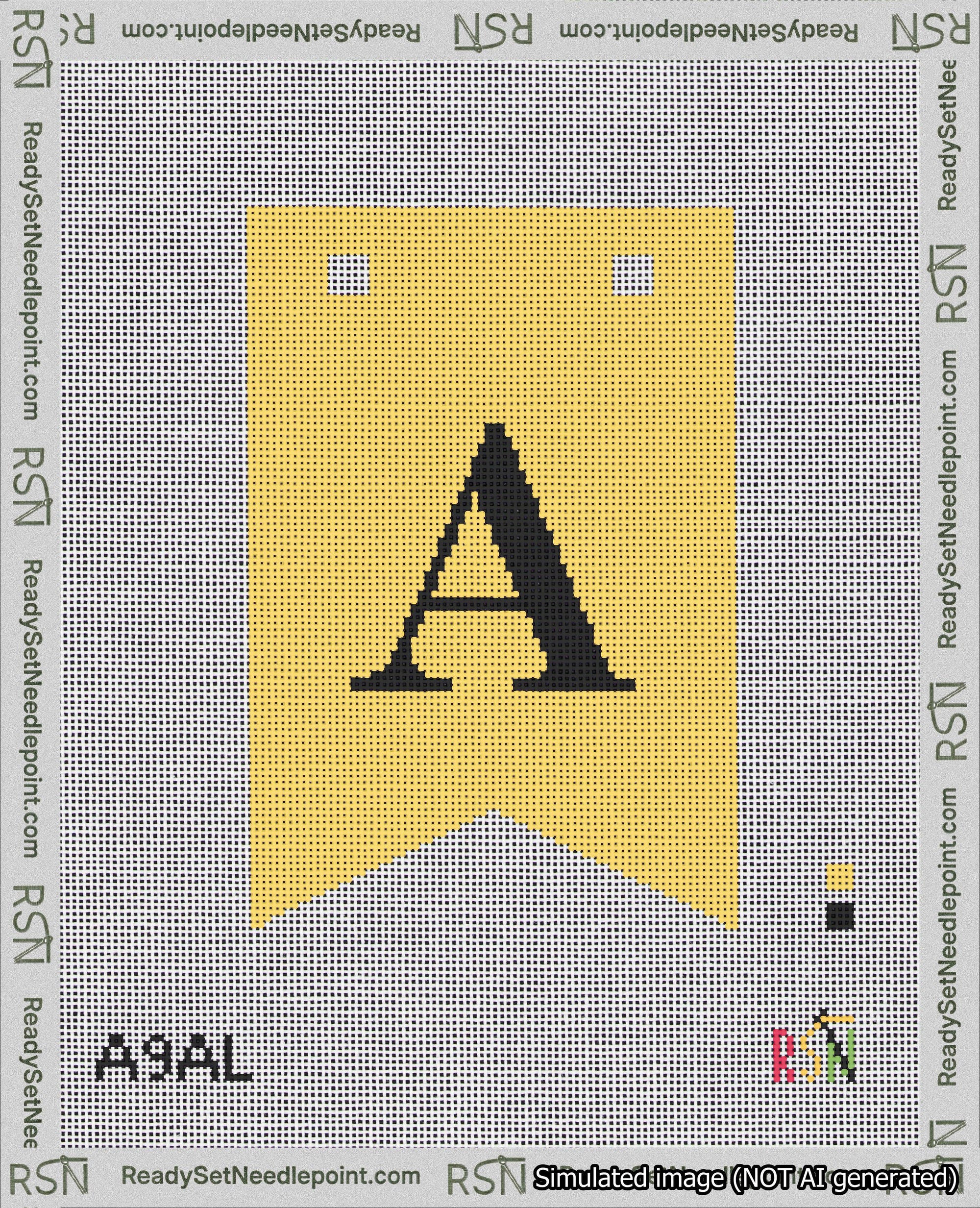 A taped needlepoint canvas with the design: Banner 18 mesh count Forked A Black on Yellow.