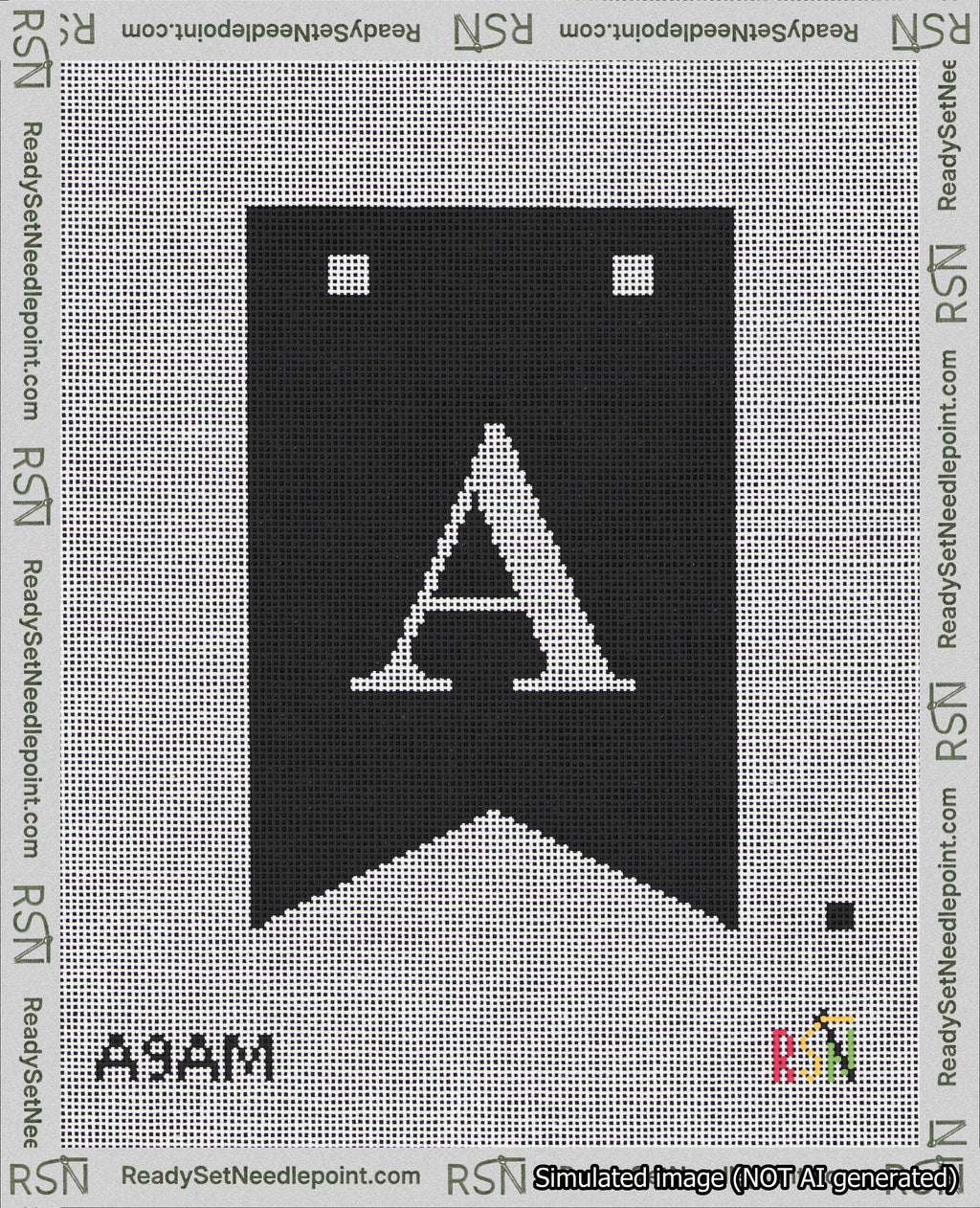 A taped needlepoint canvas with the design: Banner 18 mesh count Forked A White on Black.