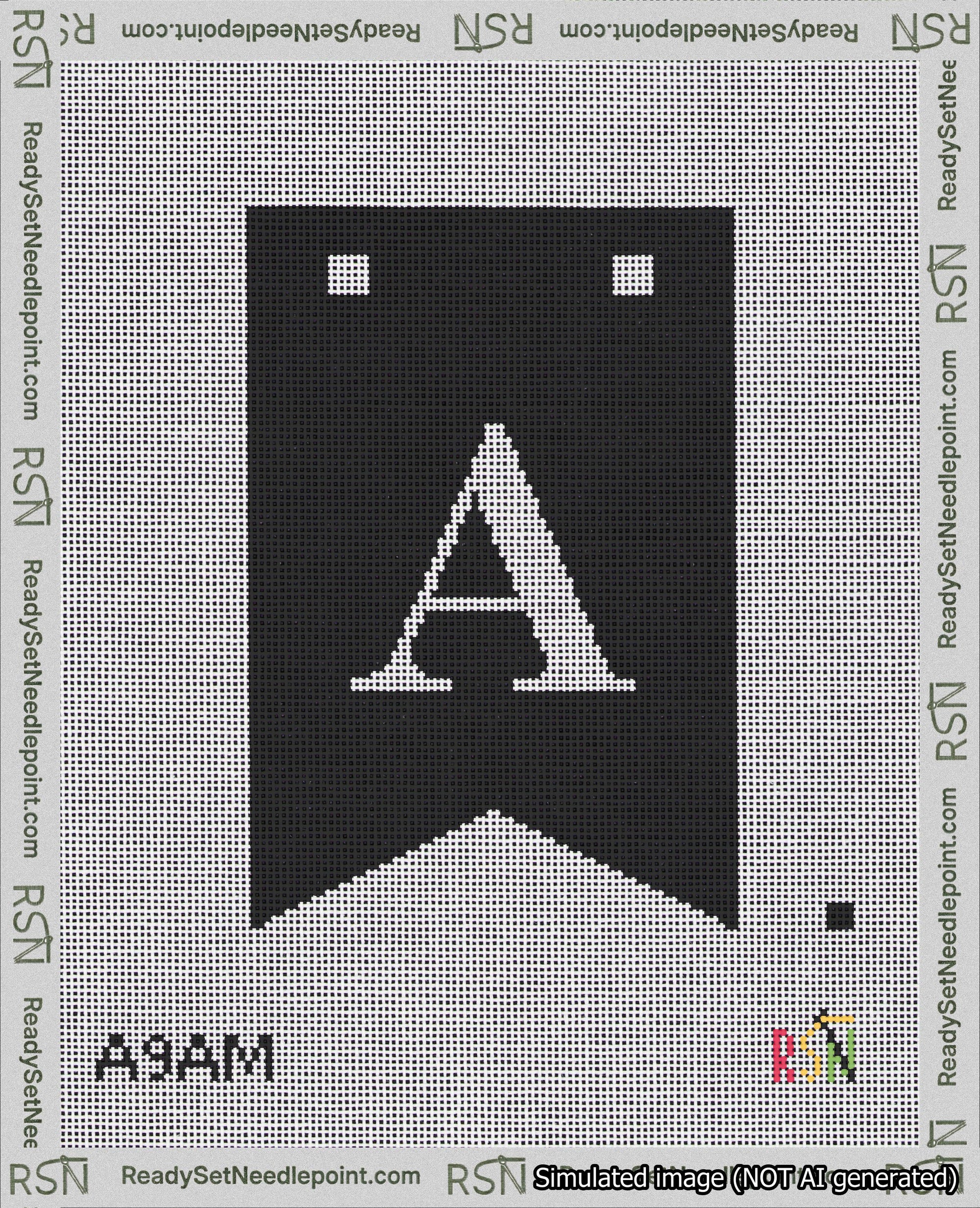 A taped needlepoint canvas with the design: Banner 18 mesh count Forked A White on Black.