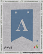 A taped needlepoint canvas with the design: Banner 18 mesh count Forked A White on Blue.