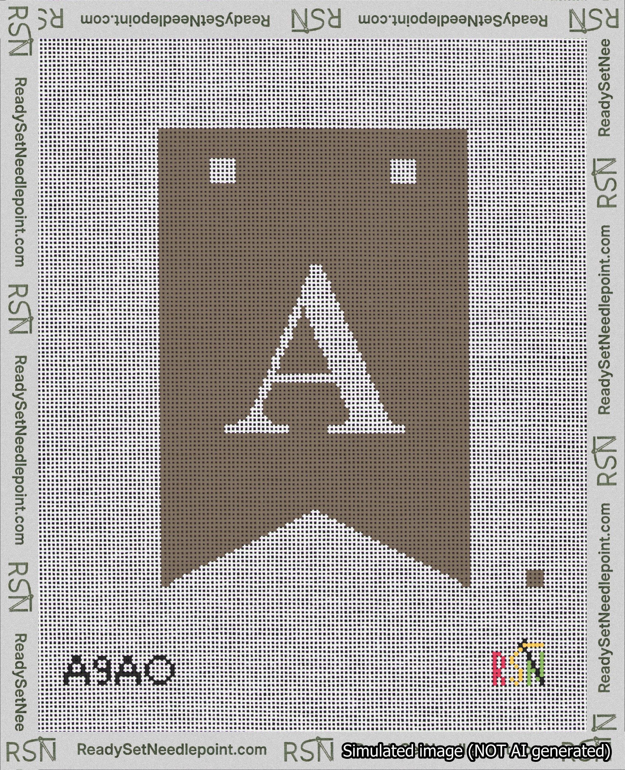 A taped needlepoint canvas with the design: Banner 18 mesh count Forked A White on Brown.