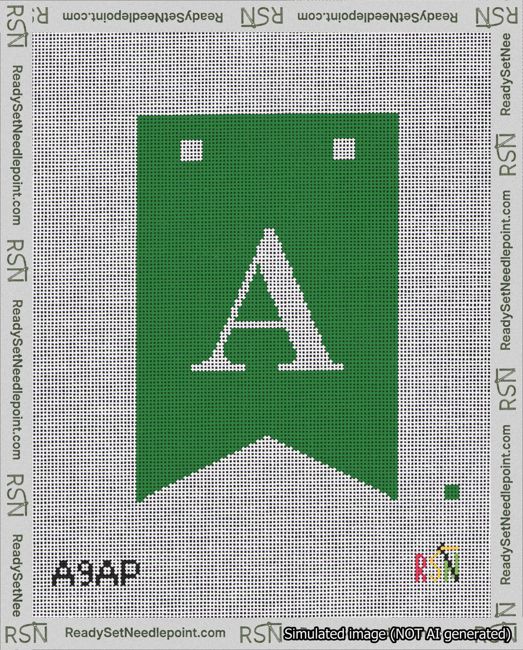A taped needlepoint canvas with the design: Banner 18 mesh count Forked A White on Green.