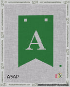 A taped needlepoint canvas with the design: Banner 18 mesh count Forked A White on Green.