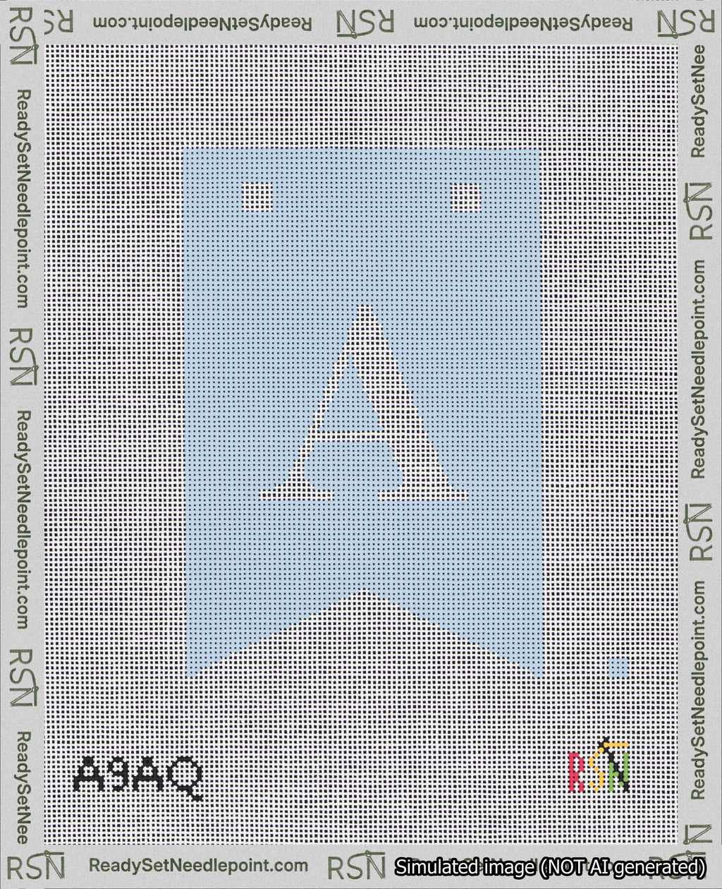 A taped needlepoint canvas with the design: Banner 18 mesh count Forked A White on Light Blue.