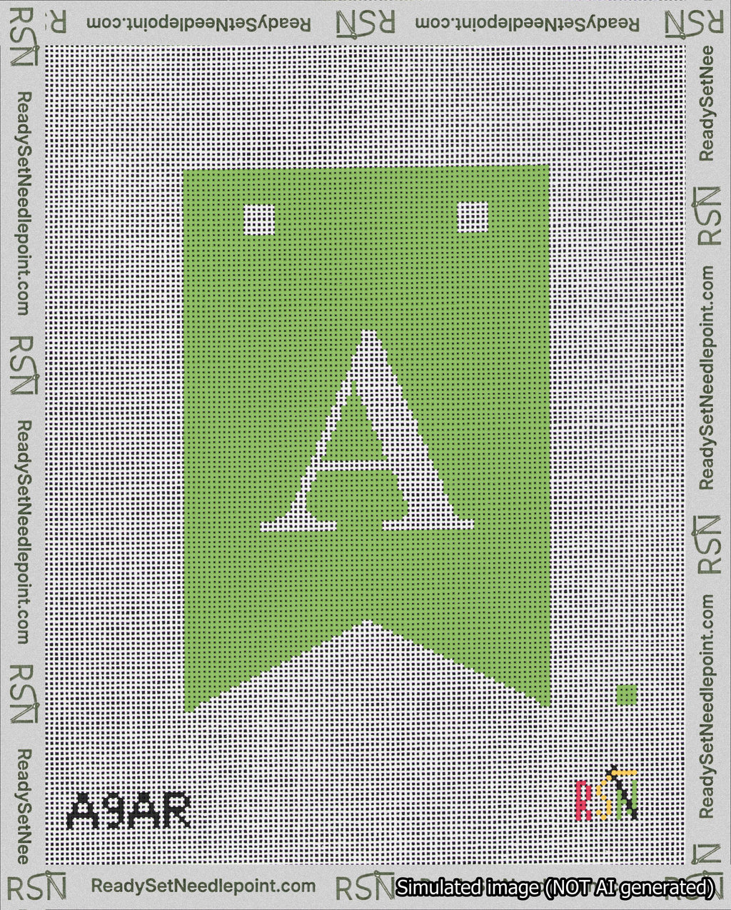 A taped needlepoint canvas with the design: Banner 18 mesh count Forked A White on Light Green.