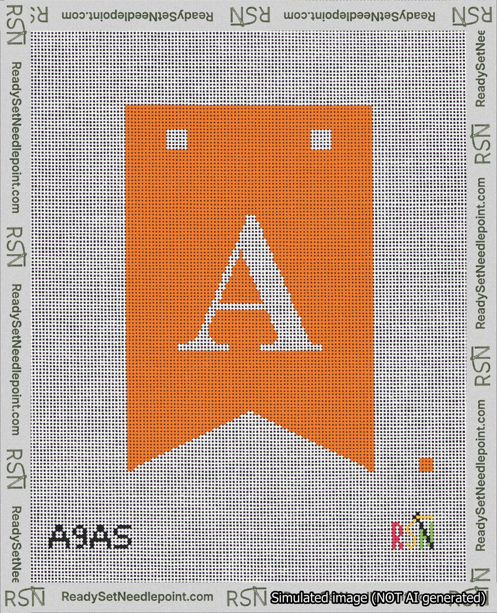 A taped needlepoint canvas with the design: Banner 18 mesh count Forked A White on Orange.