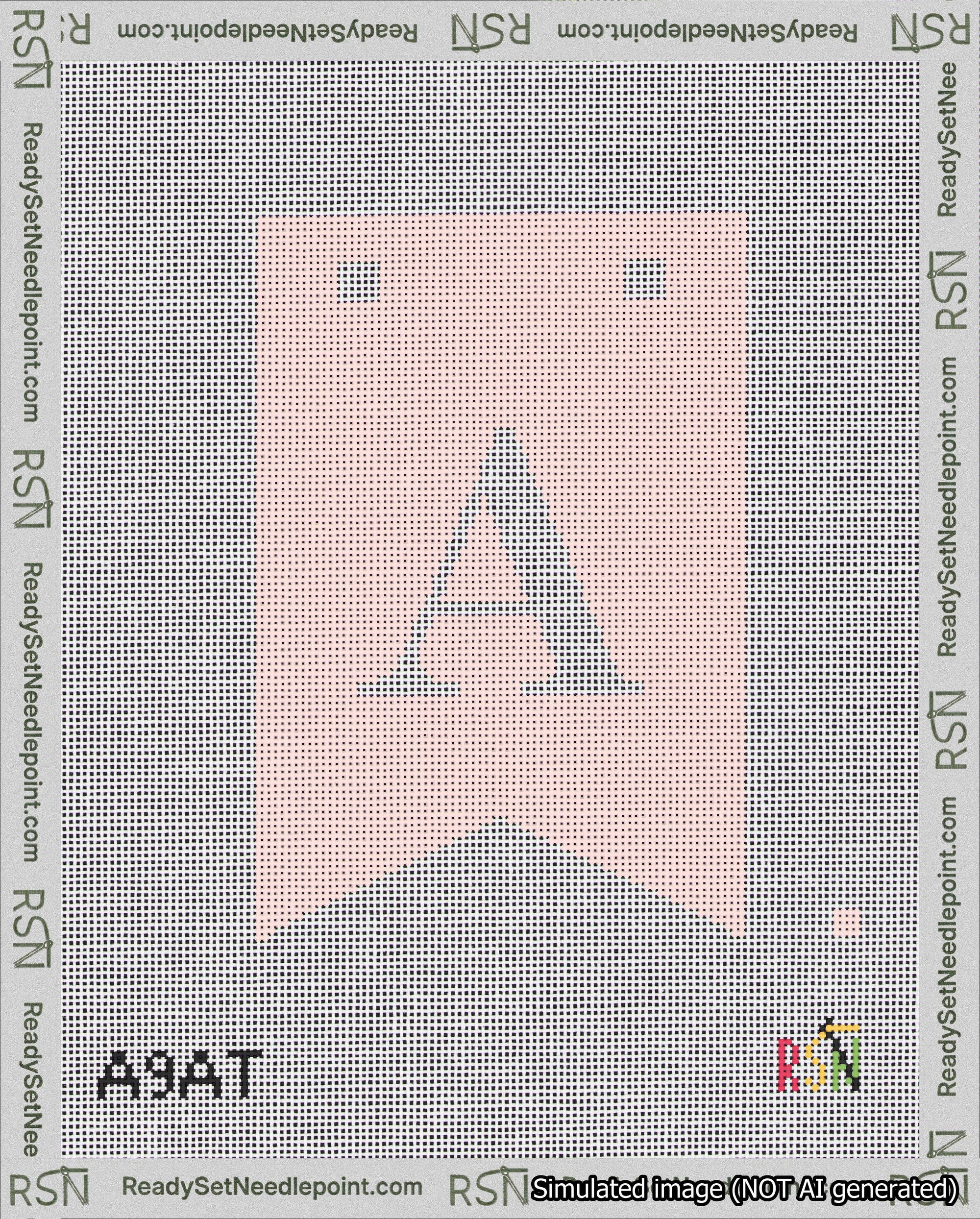 A taped needlepoint canvas with the design: Banner 18 mesh count Forked A White on Pink.