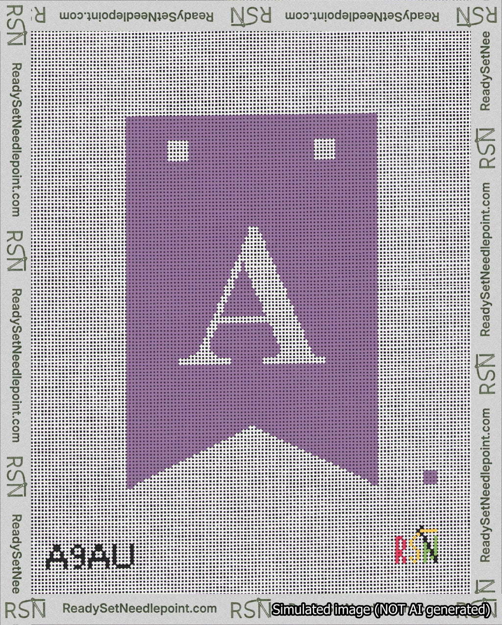 A taped needlepoint canvas with the design: Banner 18 mesh count Forked A White on Purple.