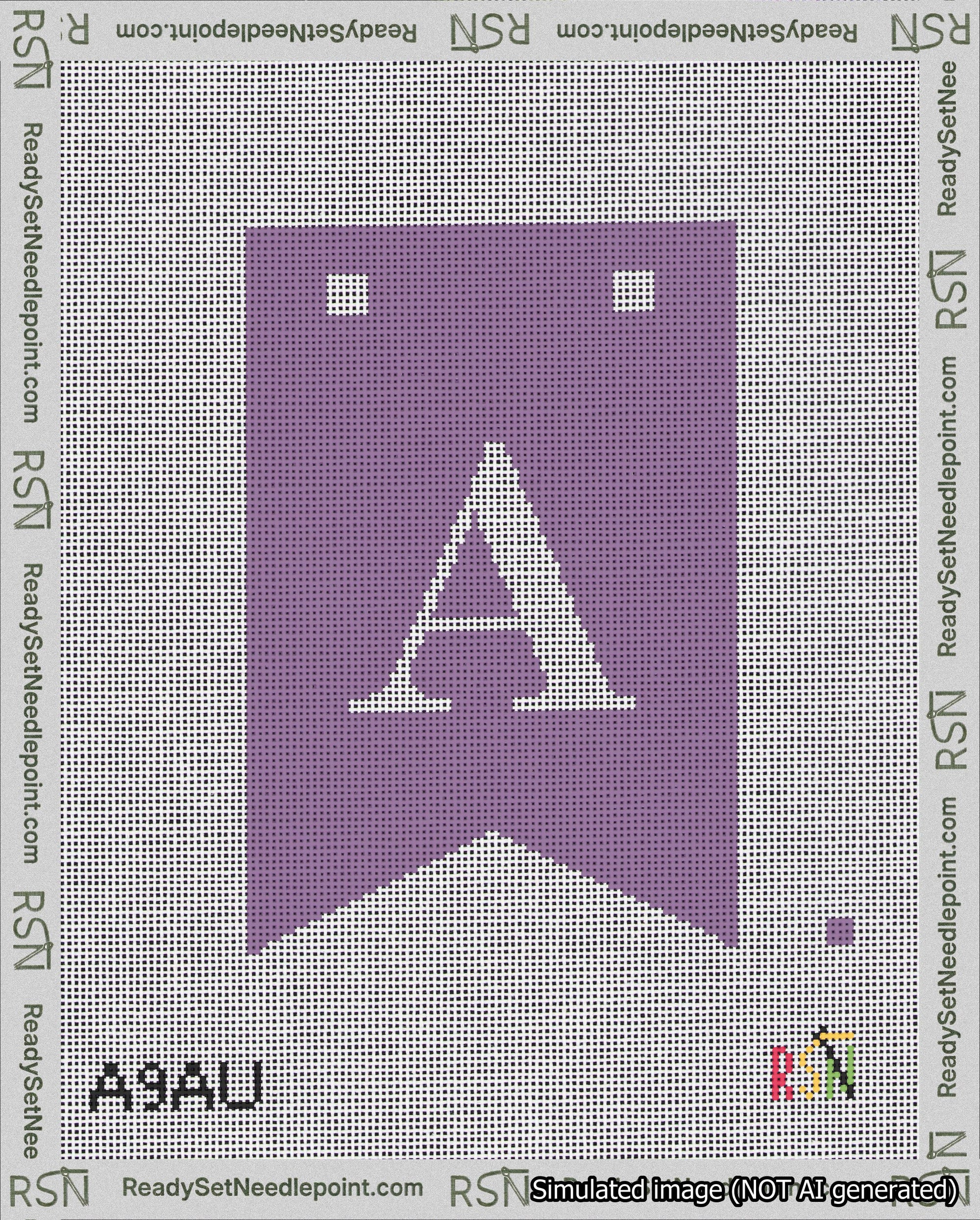 A taped needlepoint canvas with the design: Banner 18 mesh count Forked A White on Purple.