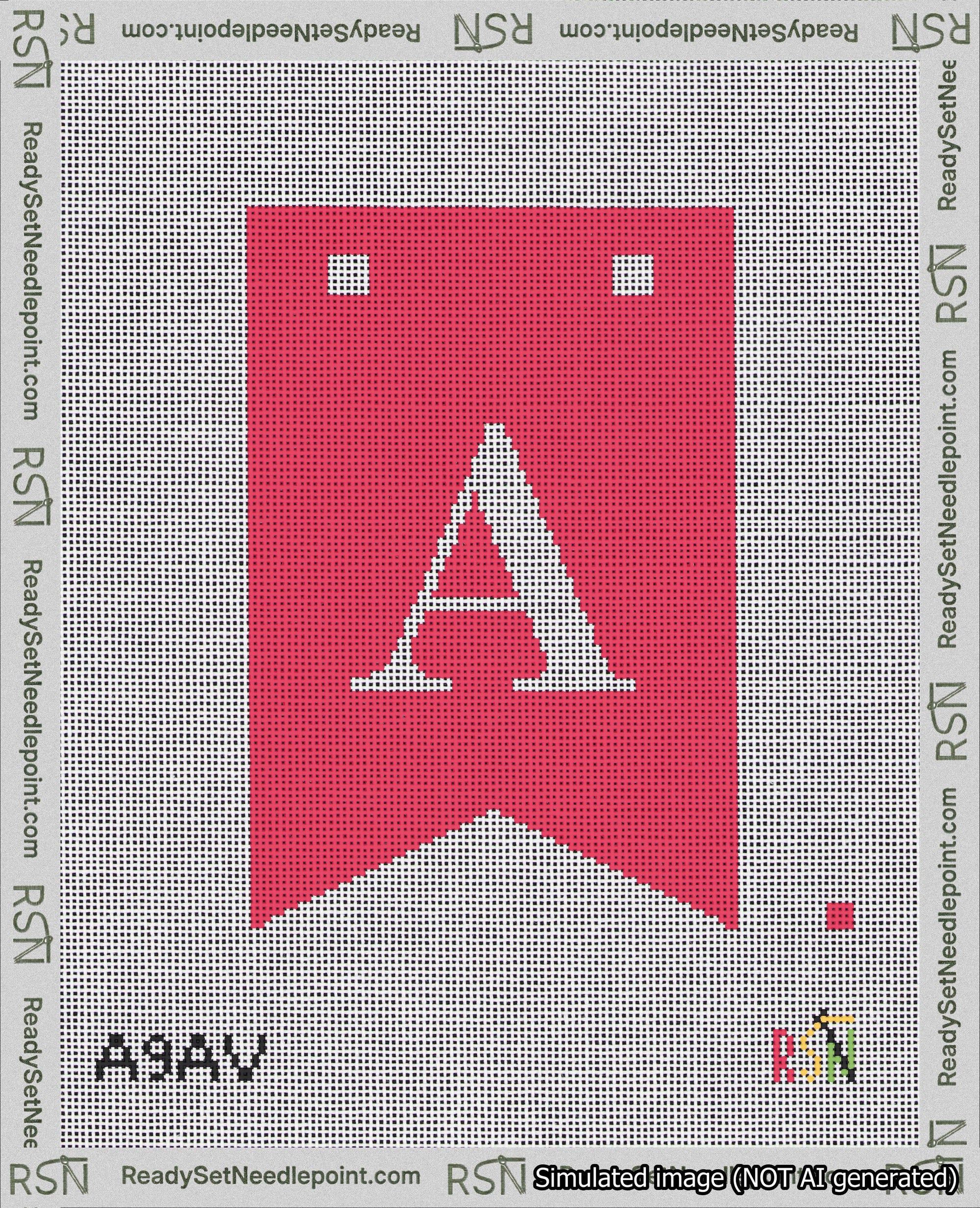 A taped needlepoint canvas with the design: Banner 18 mesh count Forked A White on Red.