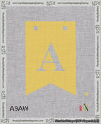 A taped needlepoint canvas with the design: Banner 18 mesh count Forked A White on Yellow.