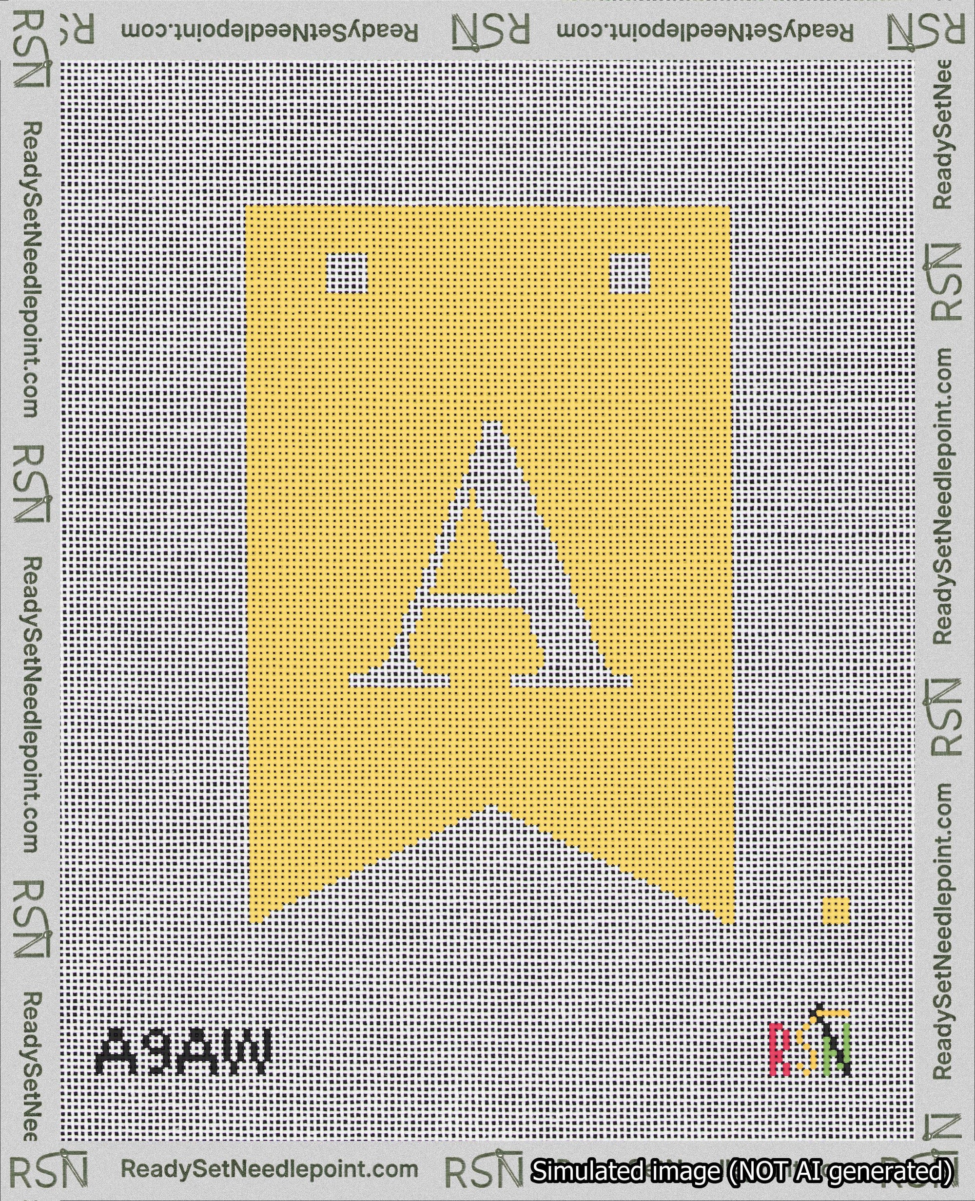 A taped needlepoint canvas with the design: Banner 18 mesh count Forked A White on Yellow.