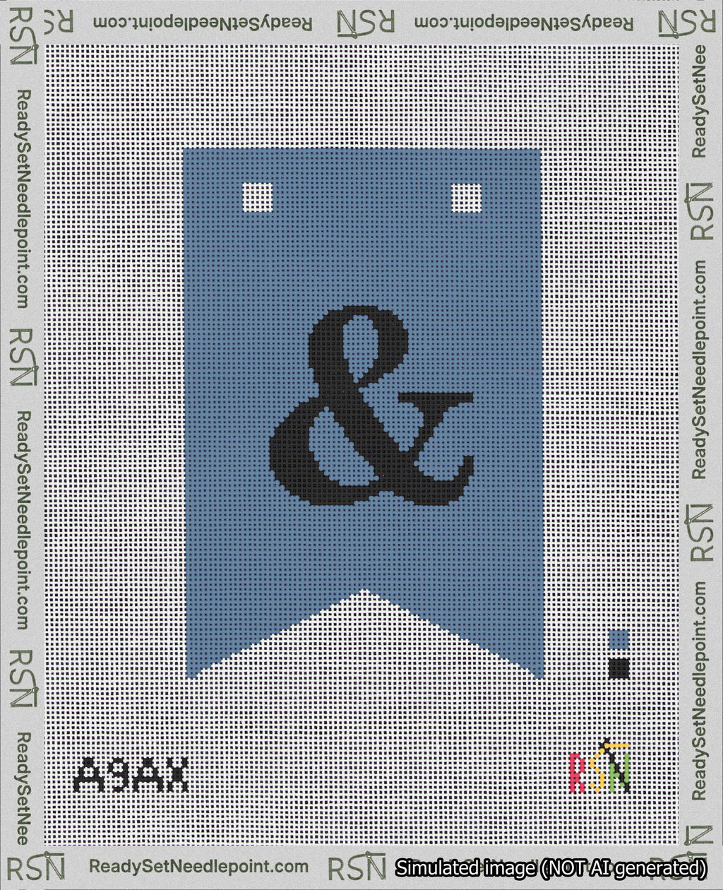A taped needlepoint canvas with the design: Banner 18 mesh count Forked Ampersand Black on Blue.