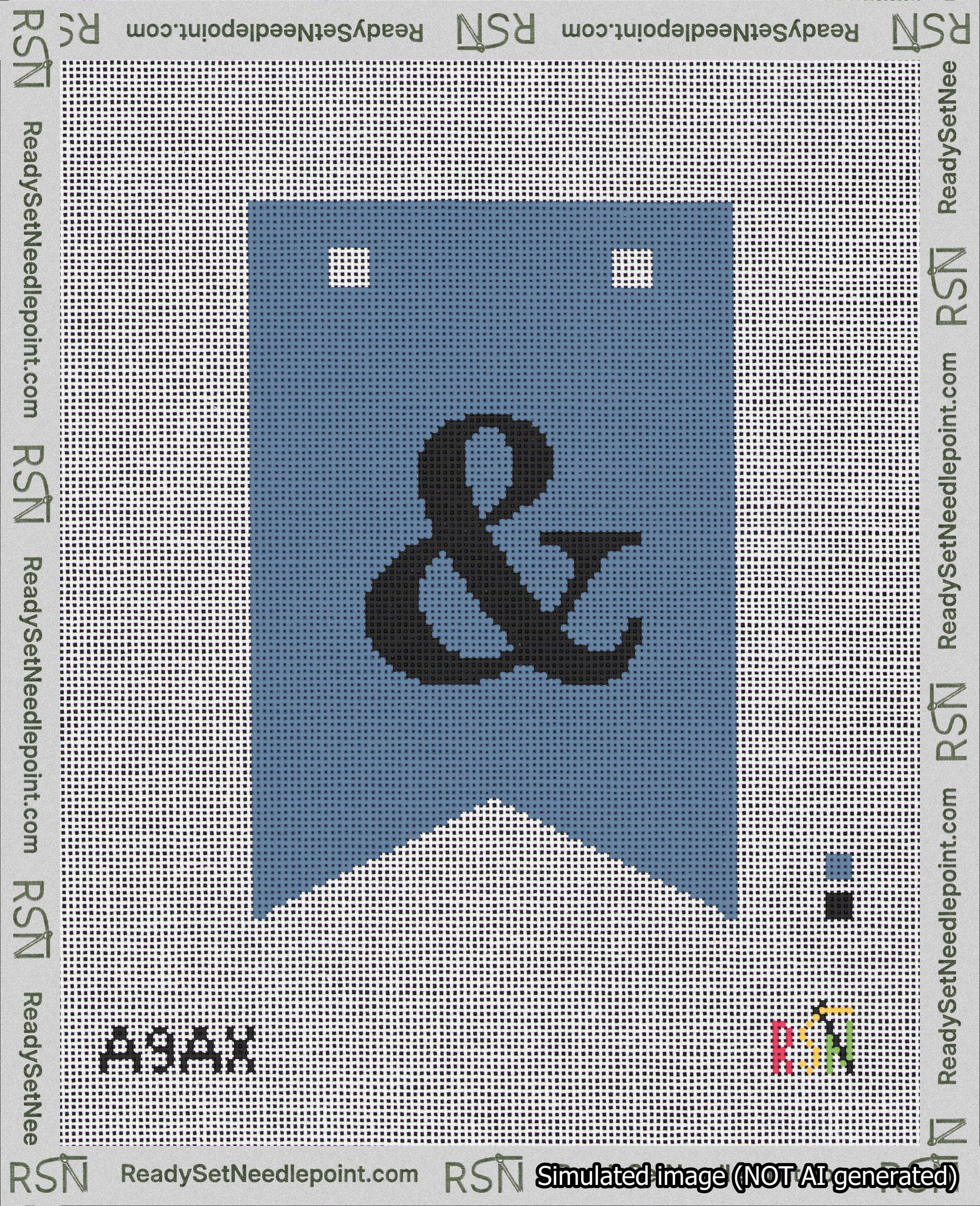 A taped needlepoint canvas with the design: Banner 18 mesh count Forked Ampersand Black on Blue.