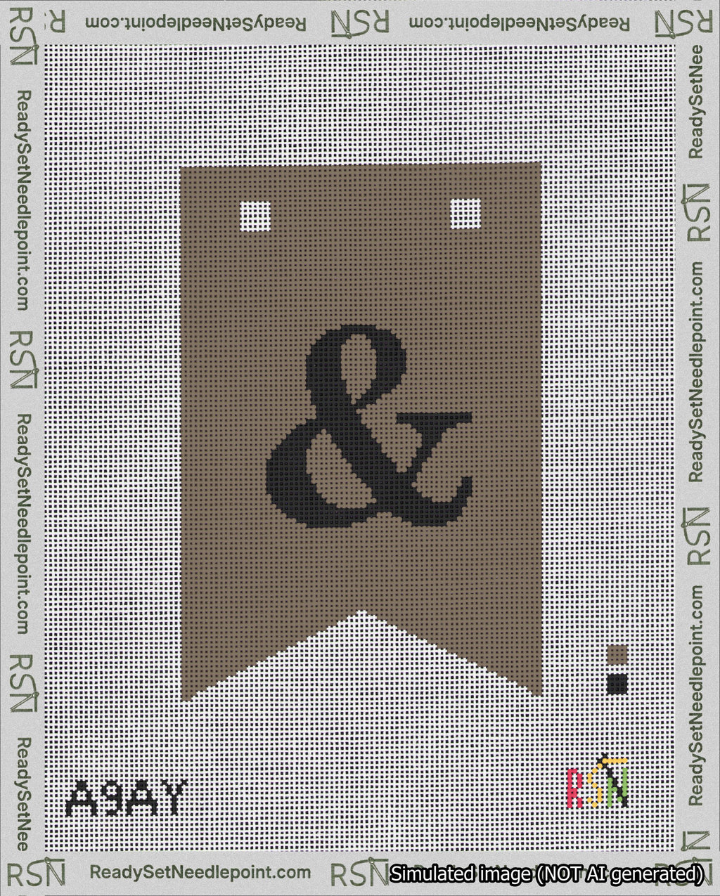 A taped needlepoint canvas with the design: Banner 18 mesh count Forked Ampersand Black on Brown.