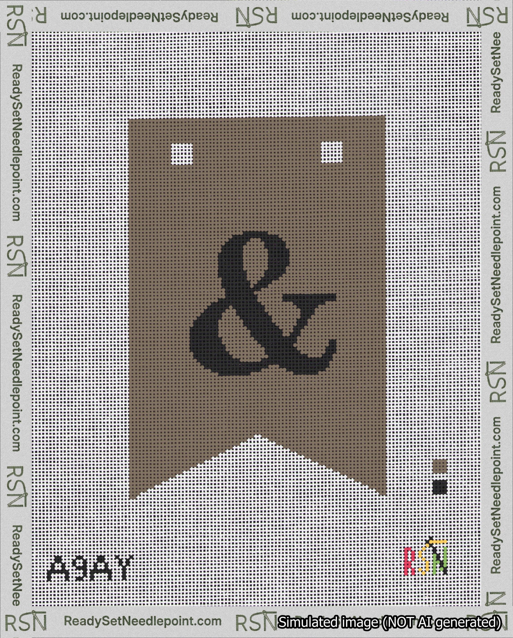 A taped needlepoint canvas with the design: Banner 18 mesh count Forked Ampersand Black on Brown.