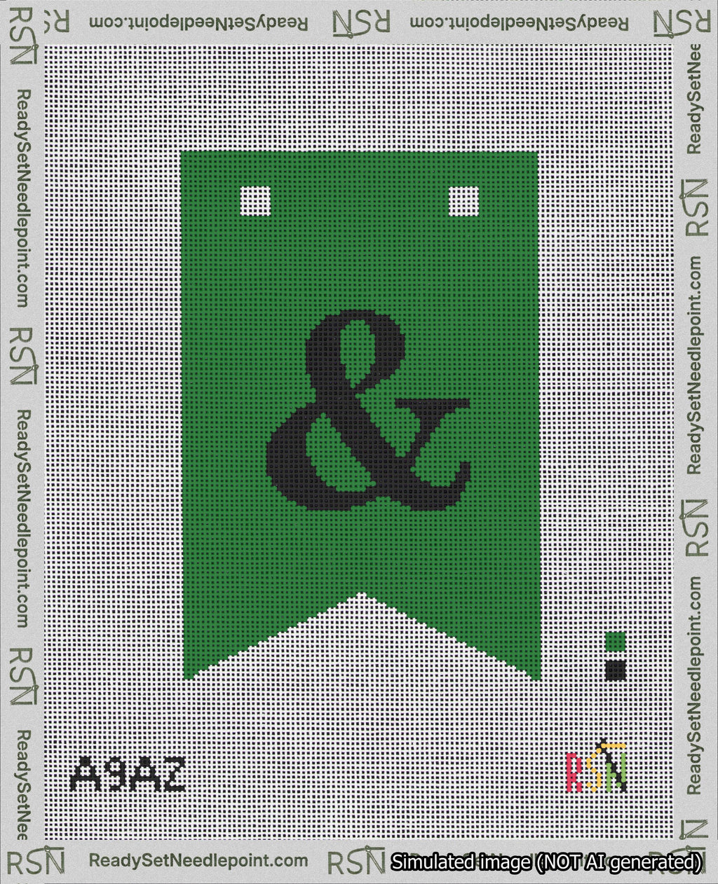 A taped needlepoint canvas with the design: Banner 18 mesh count Forked Ampersand Black on Green.