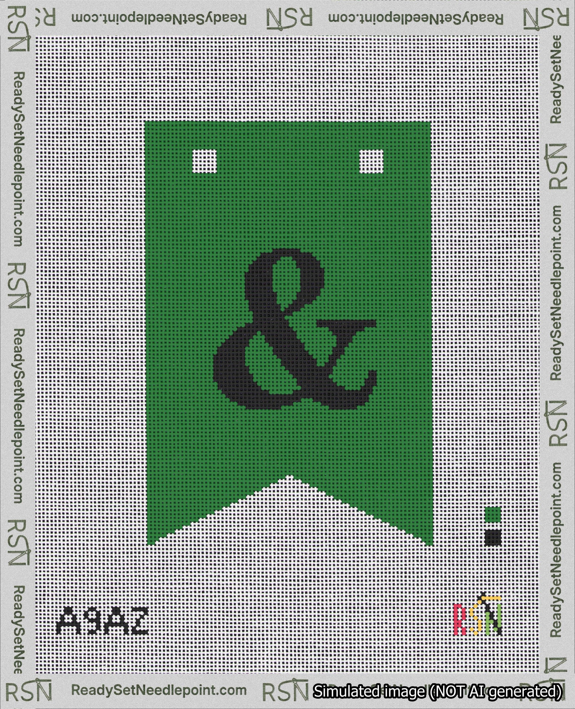 A taped needlepoint canvas with the design: Banner 18 mesh count Forked Ampersand Black on Green.