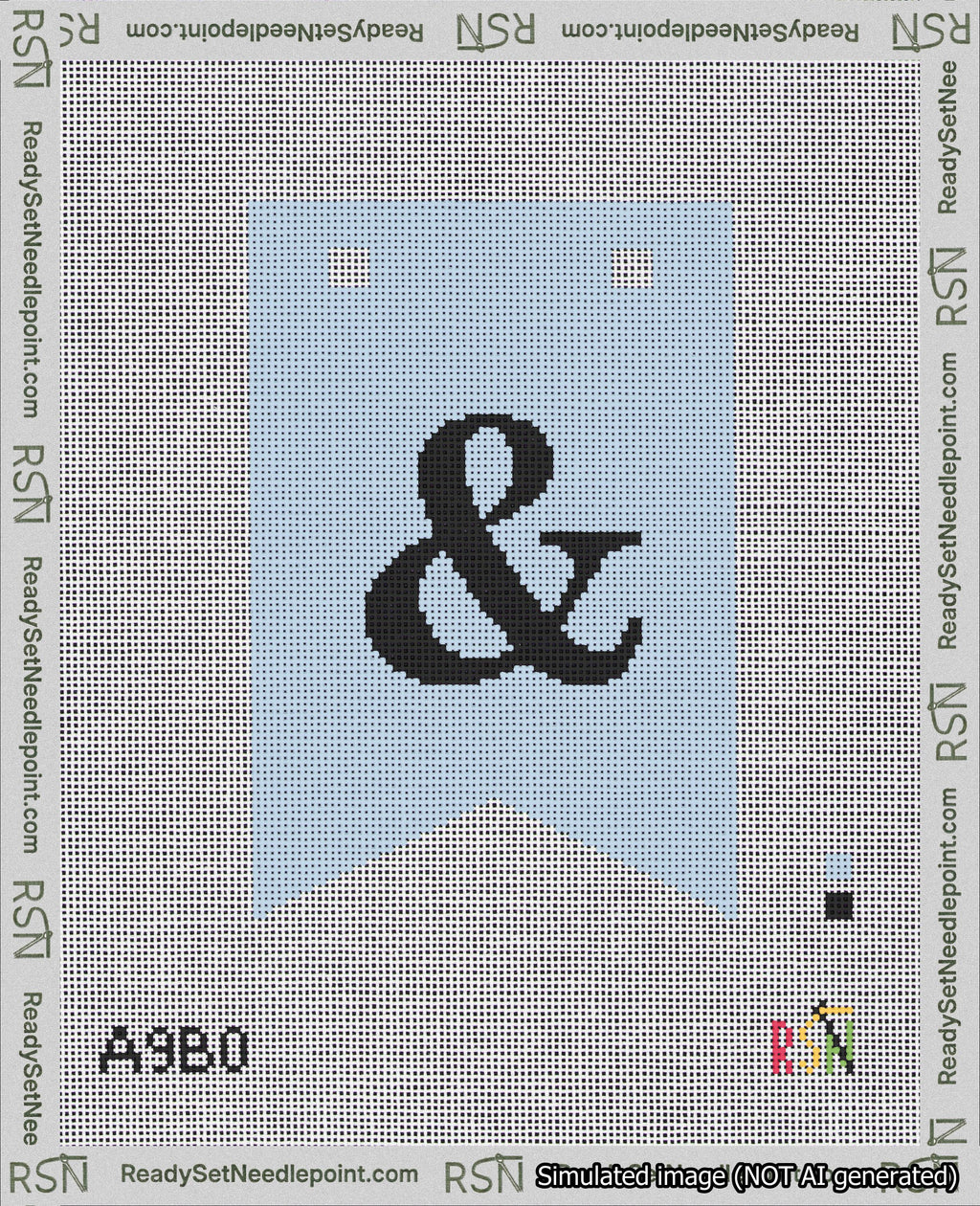 A taped needlepoint canvas with the design: Banner 18 mesh count Forked Ampersand Black on Light Blue.