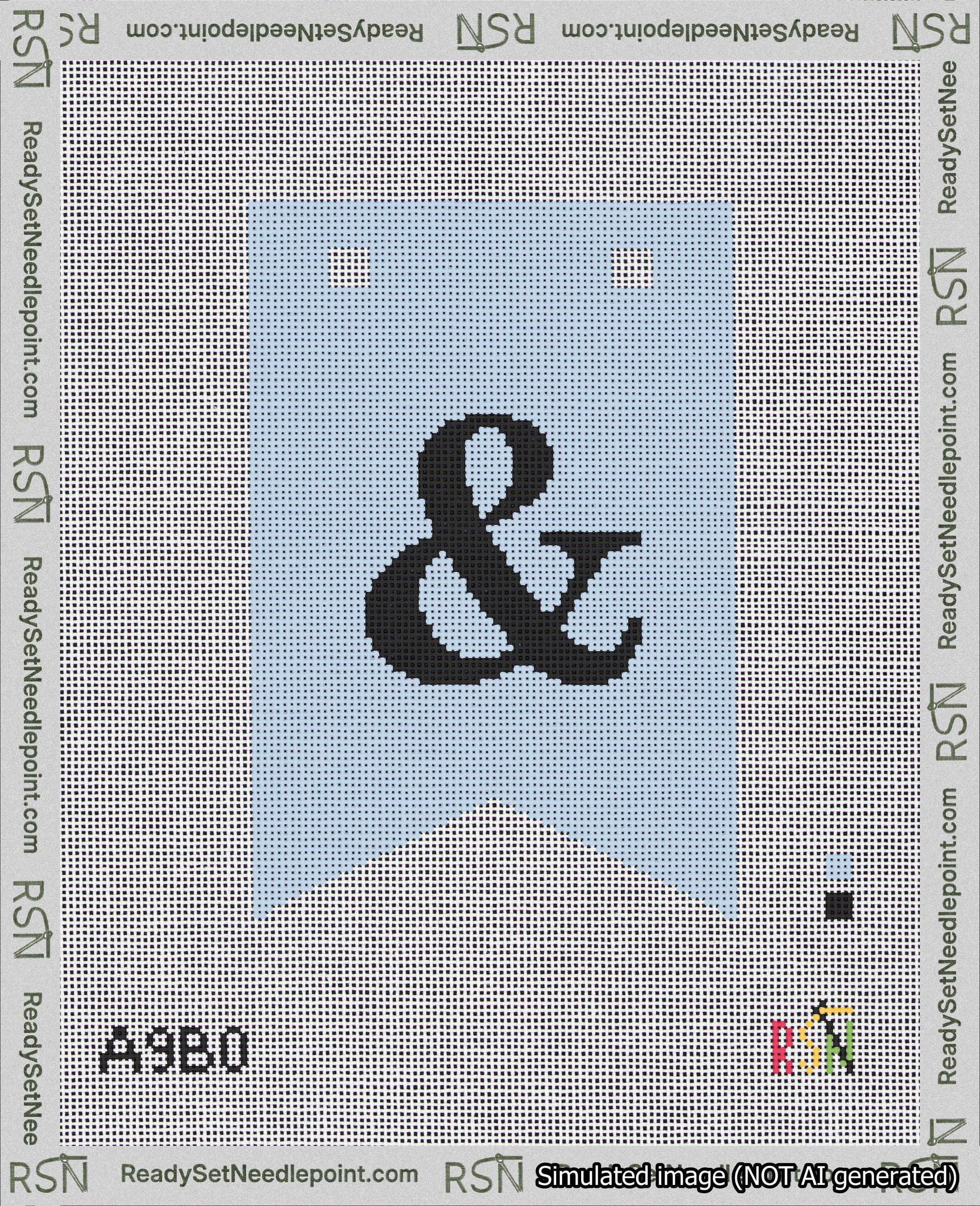 A taped needlepoint canvas with the design: Banner 18 mesh count Forked Ampersand Black on Light Blue.