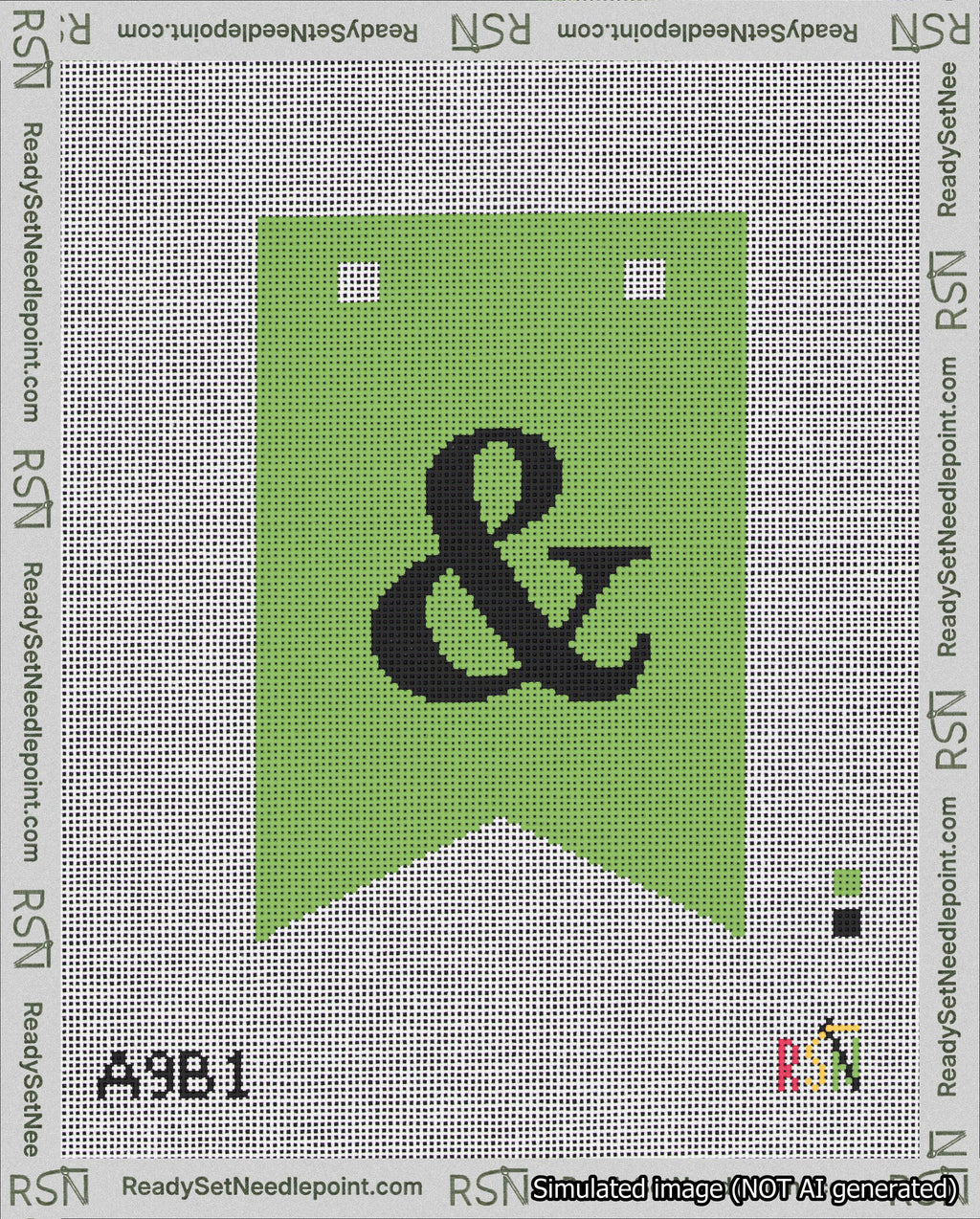 A taped needlepoint canvas with the design: Banner 18 mesh count Forked Ampersand Black on Light Green.