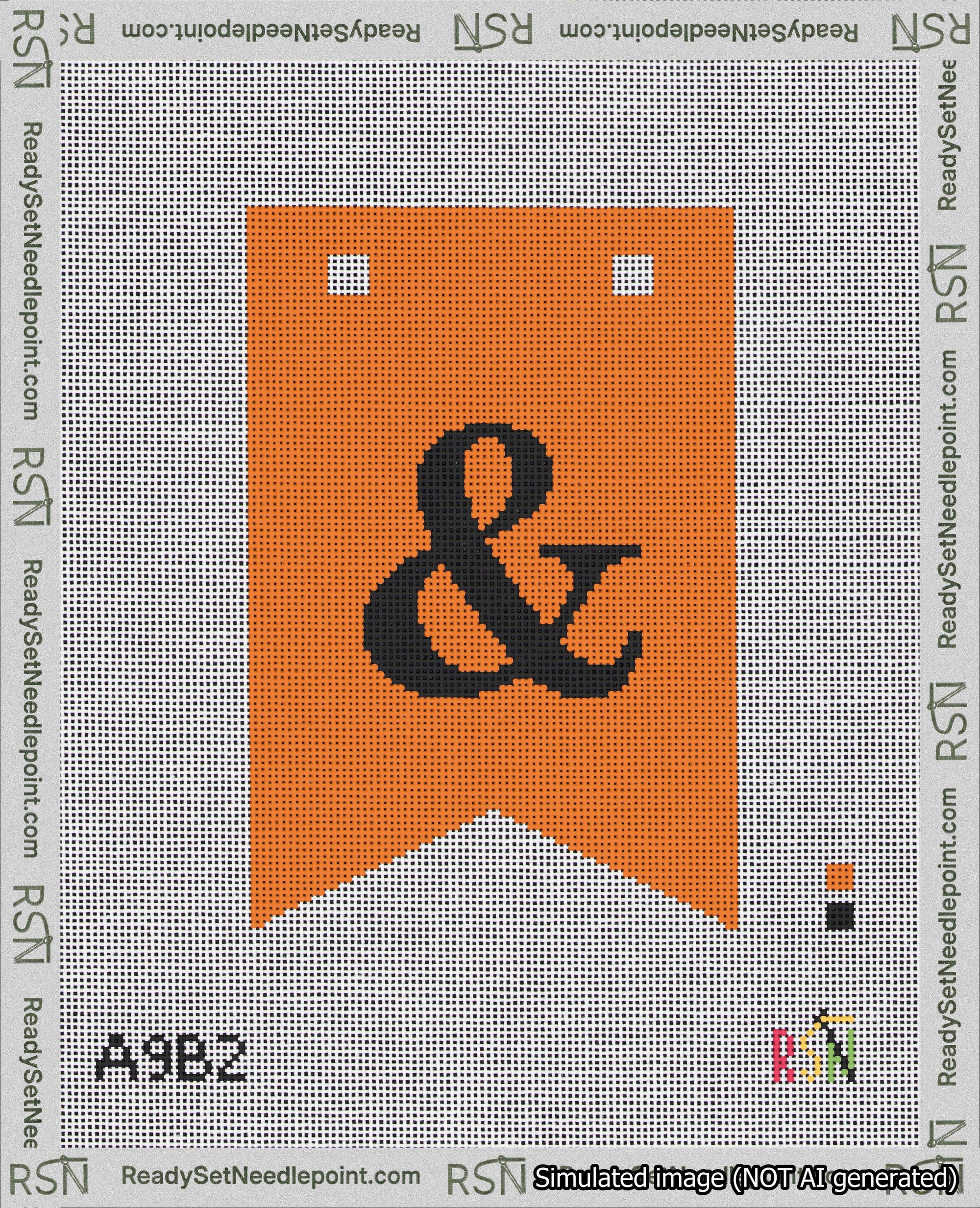 A taped needlepoint canvas with the design: Banner 18 mesh count Forked Ampersand Black on Orange.