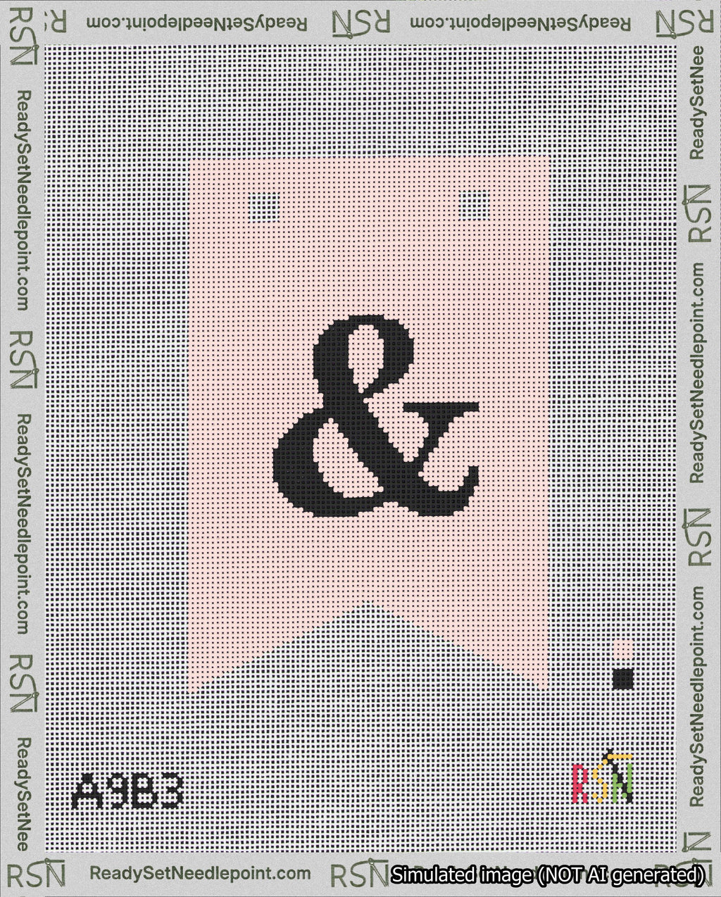 A taped needlepoint canvas with the design: Banner 18 mesh count Forked Ampersand Black on Pink.