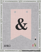 A taped needlepoint canvas with the design: Banner 18 mesh count Forked Ampersand Black on Pink.