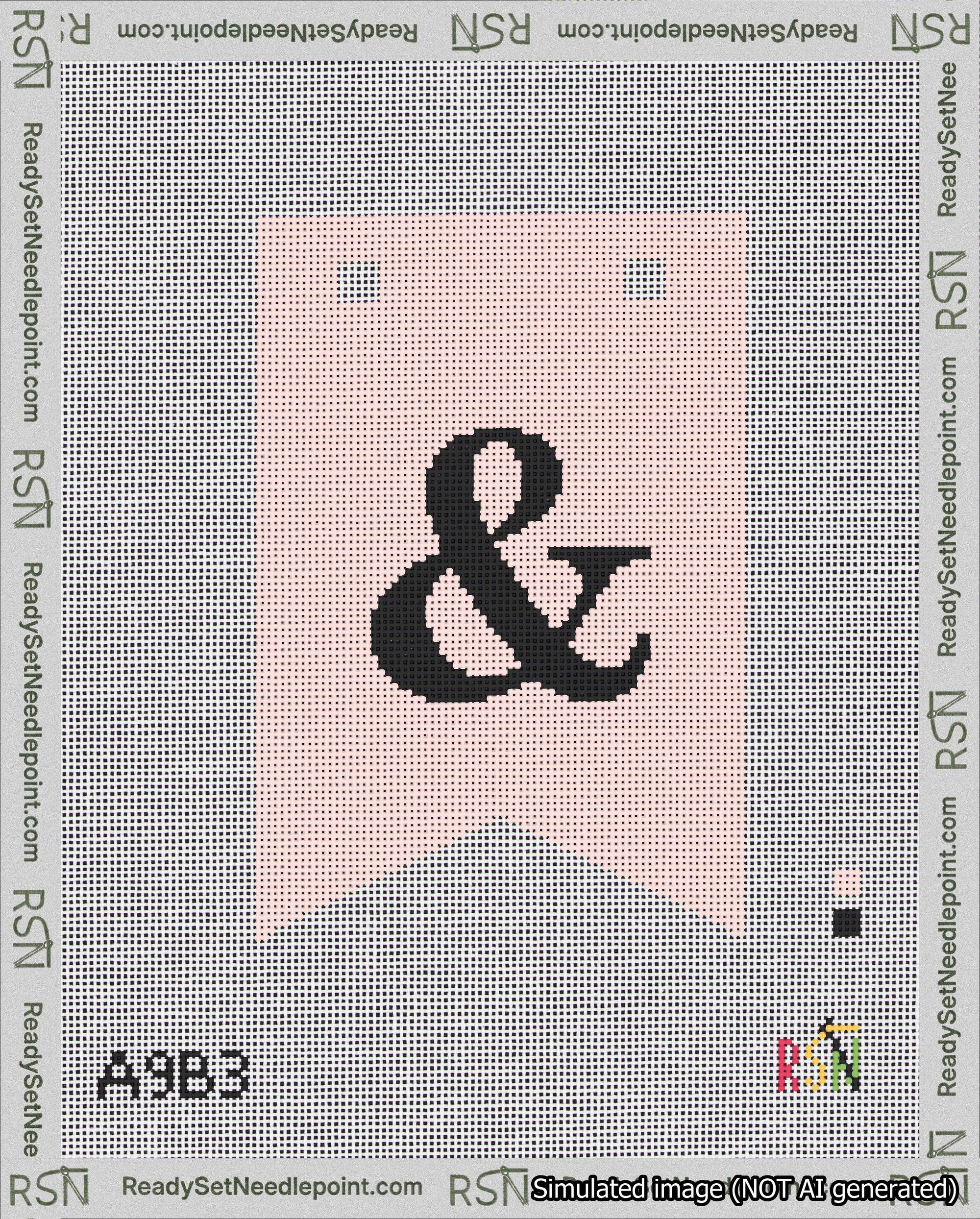 A taped needlepoint canvas with the design: Banner 18 mesh count Forked Ampersand Black on Pink.
