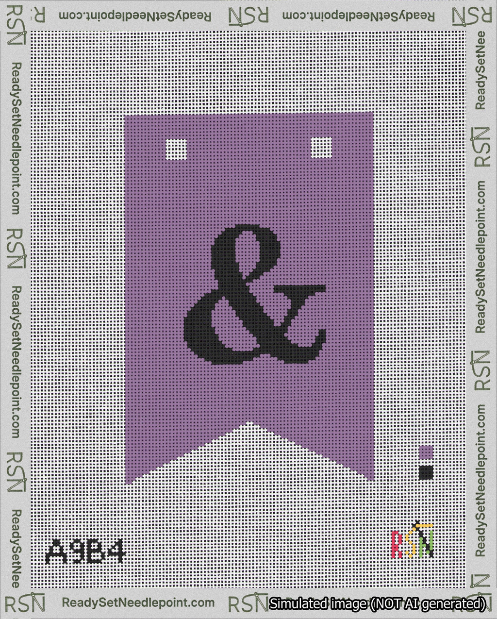 A taped needlepoint canvas with the design: Banner 18 mesh count Forked Ampersand Black on Purple.