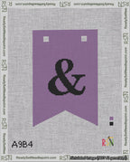 A taped needlepoint canvas with the design: Banner 18 mesh count Forked Ampersand Black on Purple.