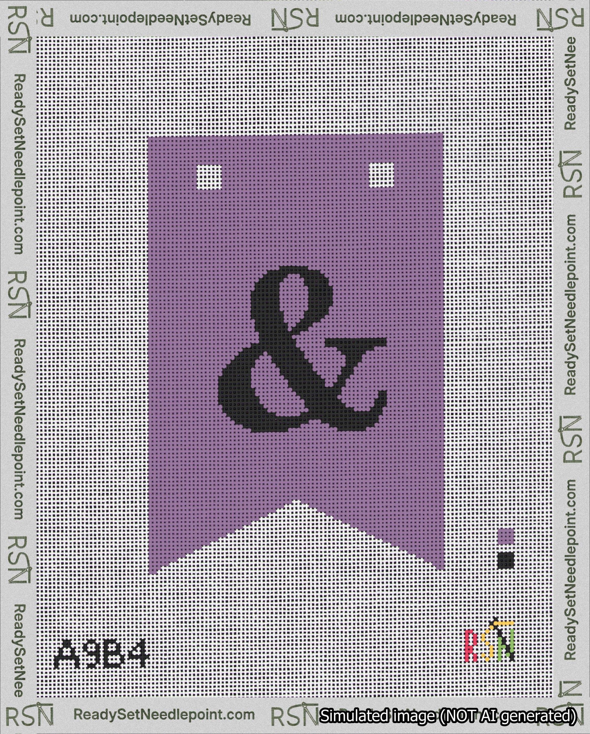 A taped needlepoint canvas with the design: Banner 18 mesh count Forked Ampersand Black on Purple.