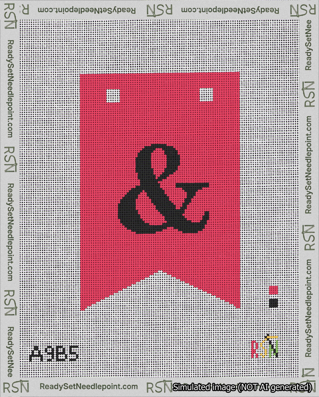 A taped needlepoint canvas with the design: Banner 18 mesh count Forked Ampersand Black on Red.