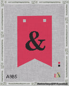 A taped needlepoint canvas with the design: Banner 18 mesh count Forked Ampersand Black on Red.