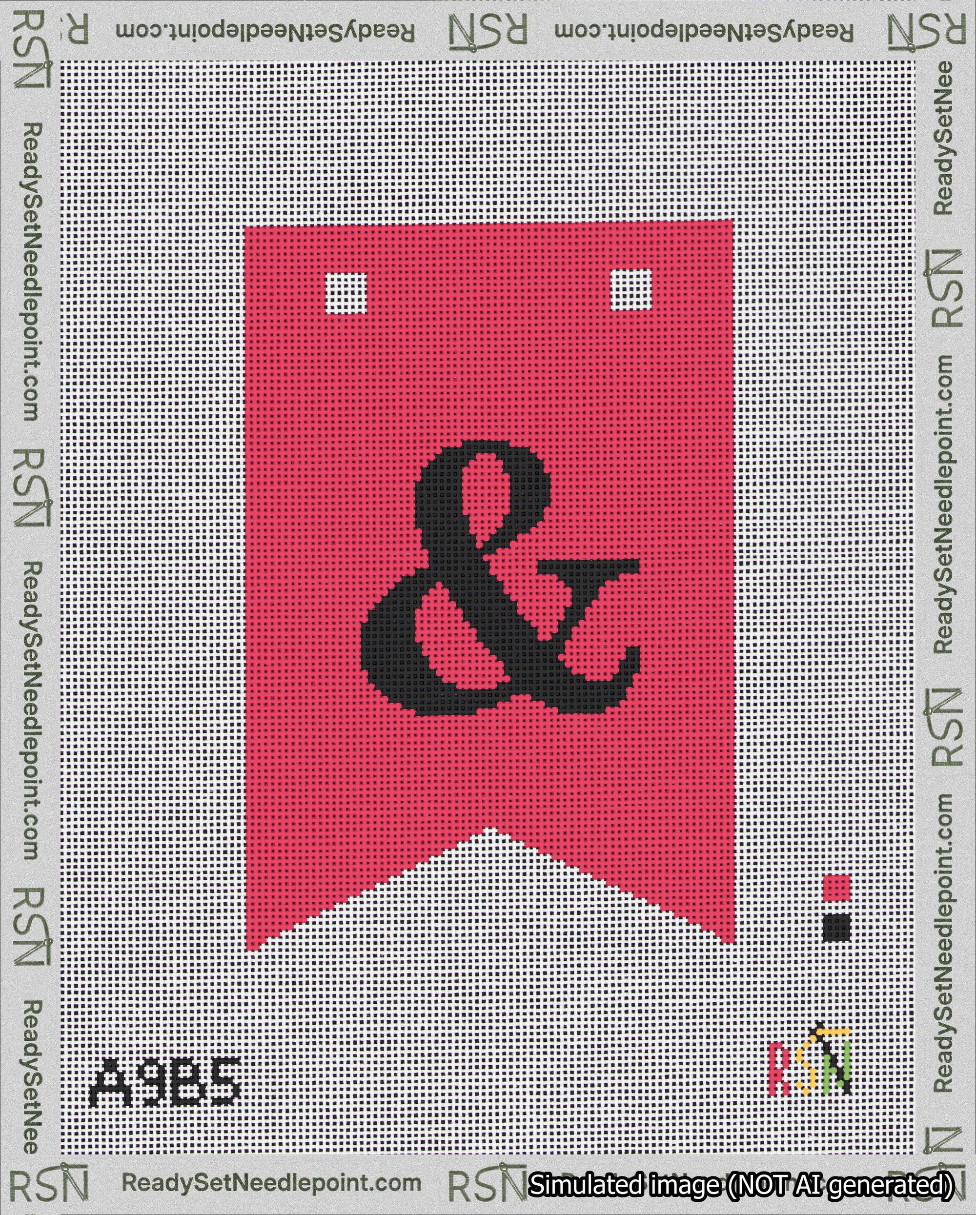 A taped needlepoint canvas with the design: Banner 18 mesh count Forked Ampersand Black on Red.