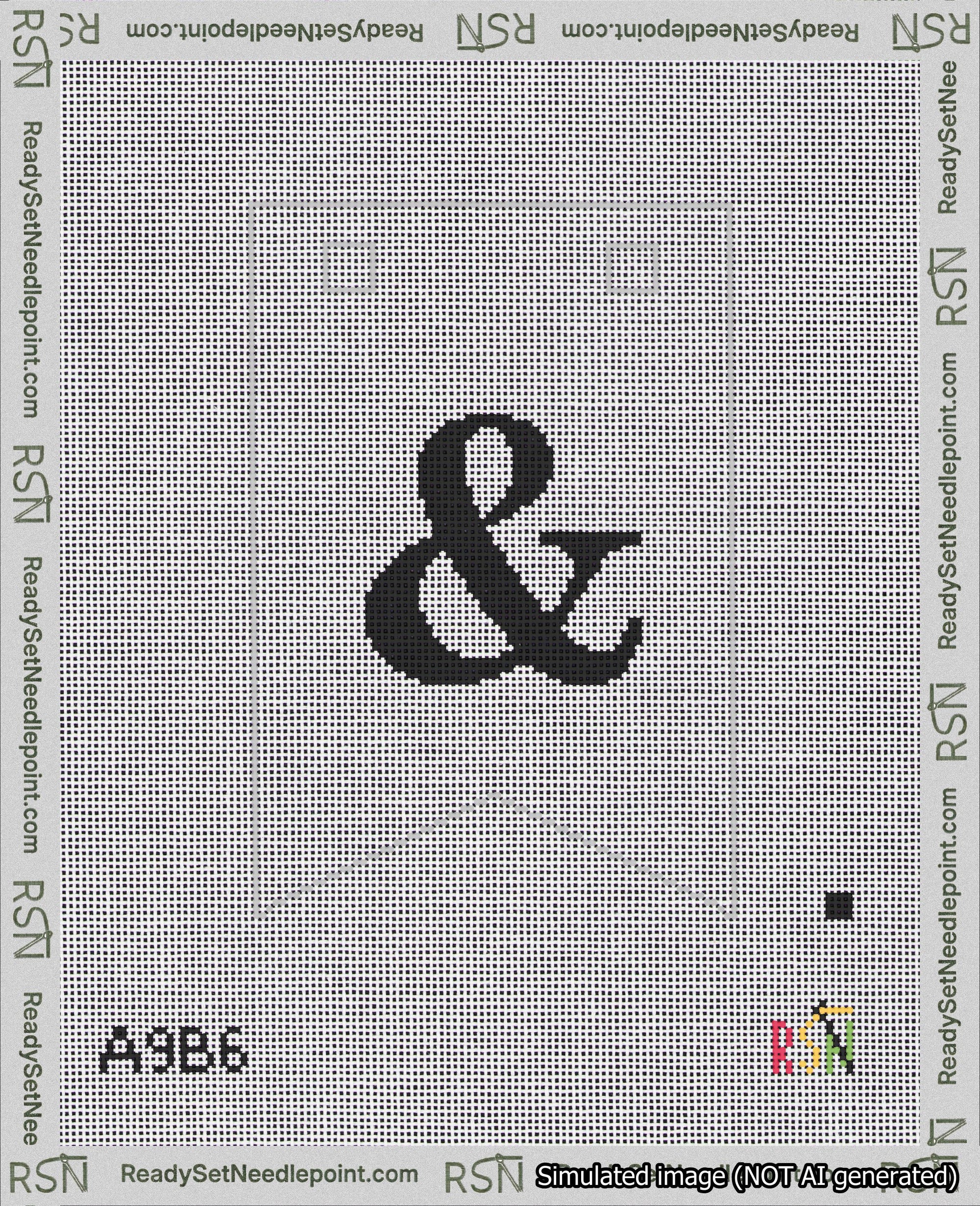 A taped needlepoint canvas with the design: Banner 18 mesh count Forked Ampersand Black on White.