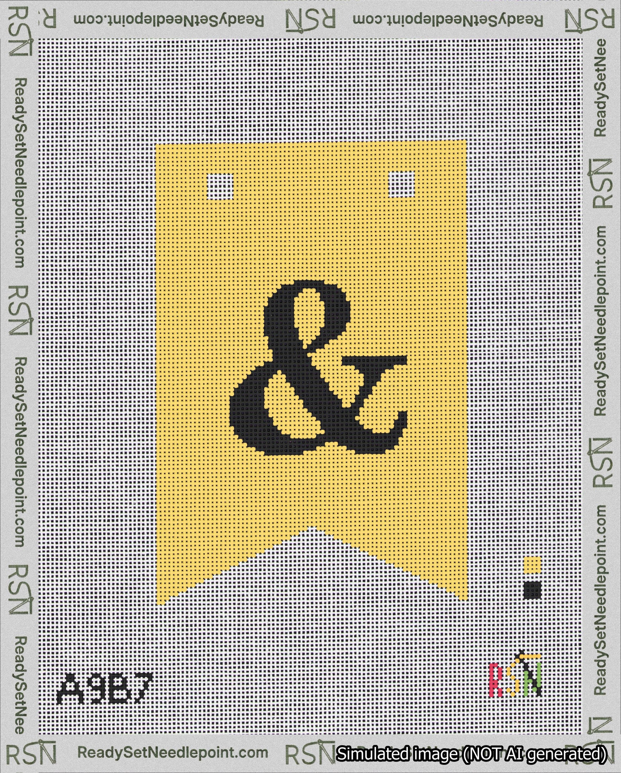A taped needlepoint canvas with the design: Banner 18 mesh count Forked Ampersand Black on Yellow.
