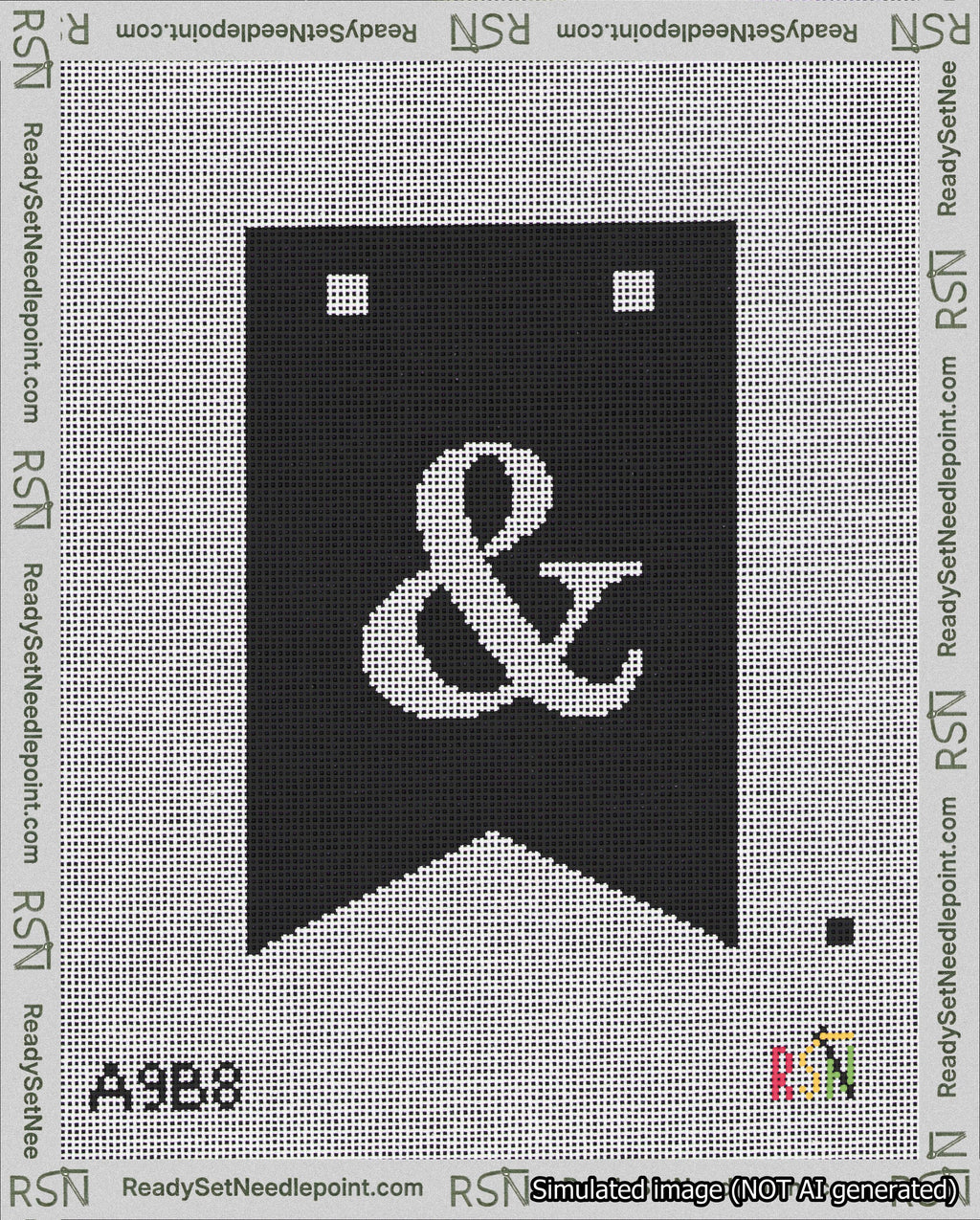 A taped needlepoint canvas with the design: Banner 18 mesh count Forked Ampersand White on Black.