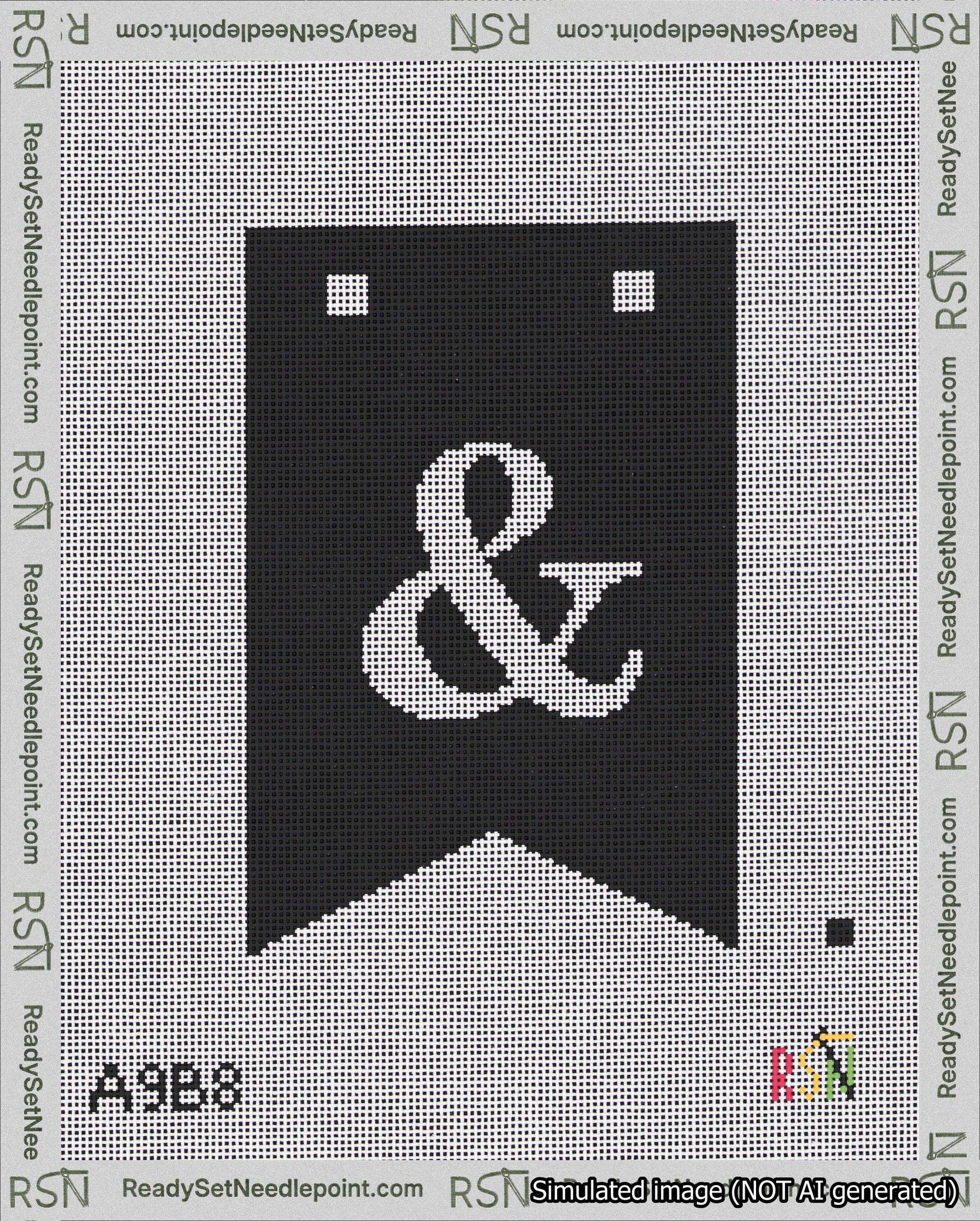 A taped needlepoint canvas with the design: Banner 18 mesh count Forked Ampersand White on Black.