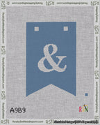 A taped needlepoint canvas with the design: Banner 18 mesh count Forked Ampersand White on Blue.