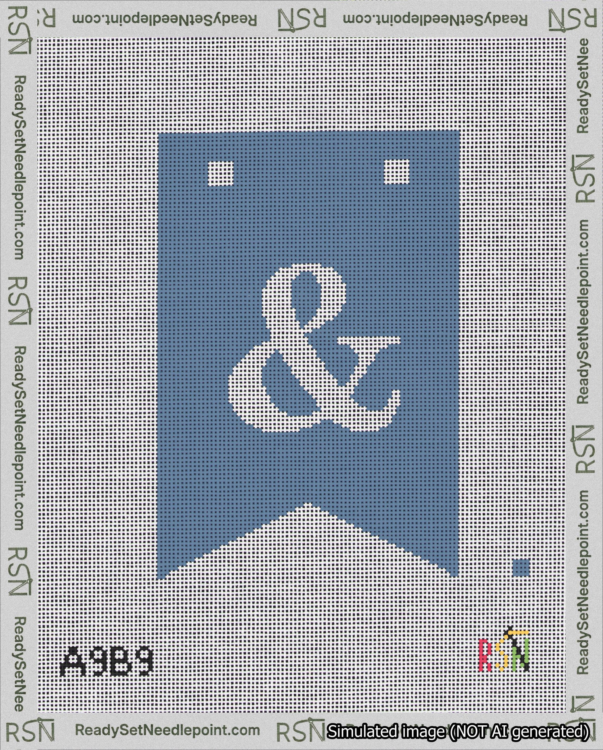 A taped needlepoint canvas with the design: Banner 18 mesh count Forked Ampersand White on Blue.