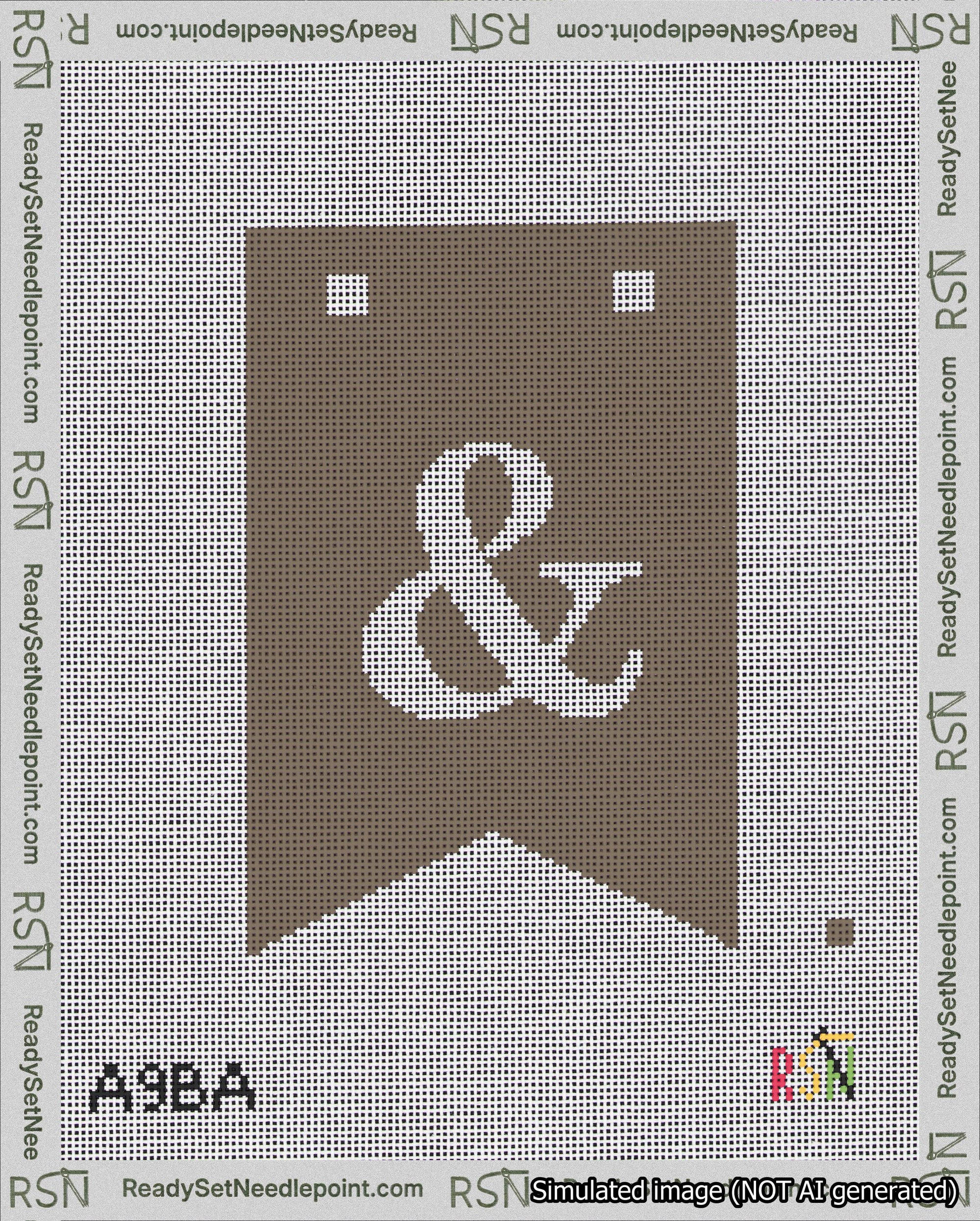 A taped needlepoint canvas with the design: Banner 18 mesh count Forked Ampersand White on Brown.