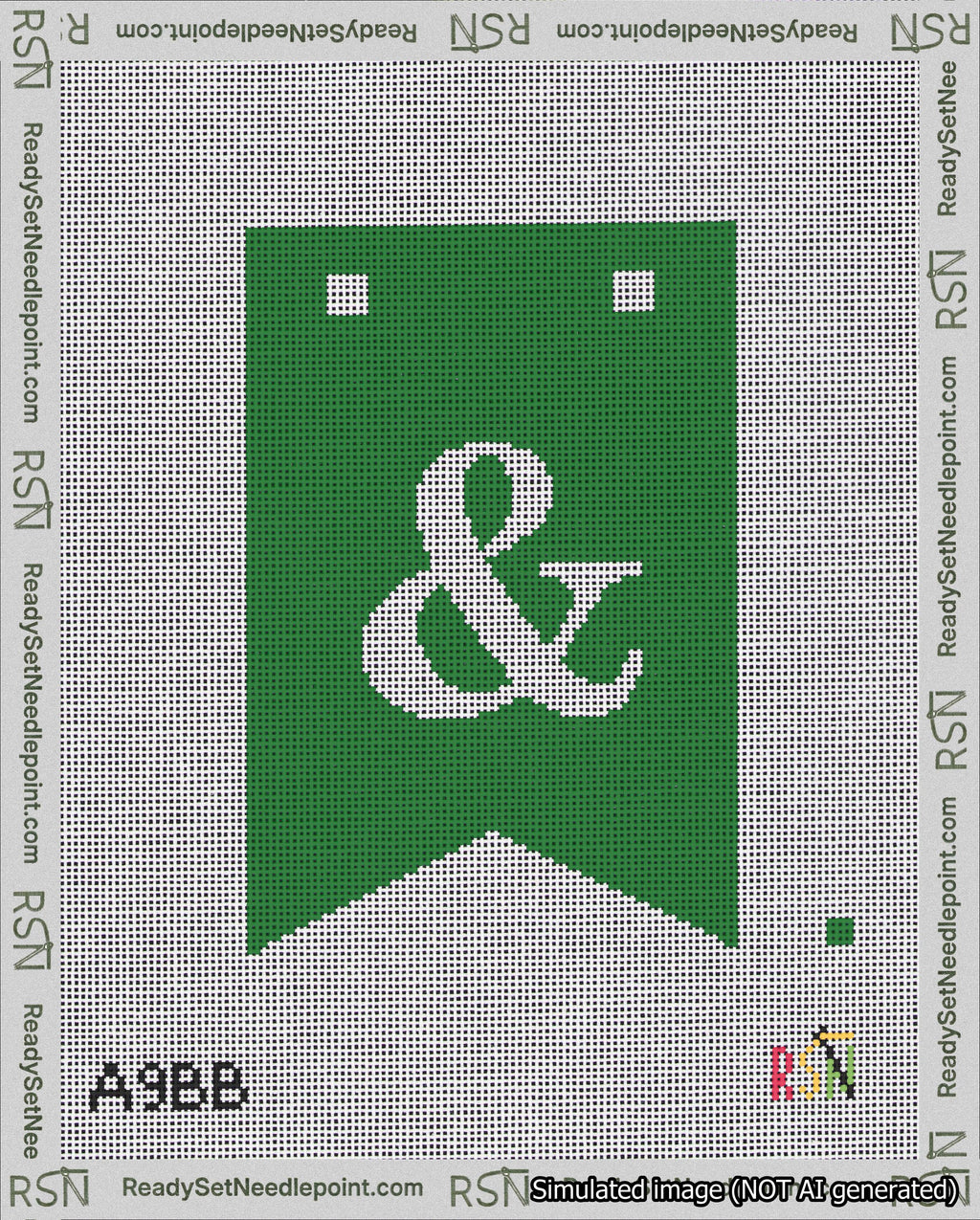 A taped needlepoint canvas with the design: Banner 18 mesh count Forked Ampersand White on Green.