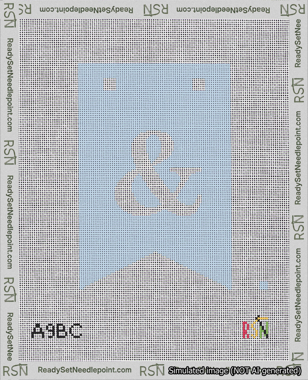 A taped needlepoint canvas with the design: Banner 18 mesh count Forked Ampersand White on Light Blue.