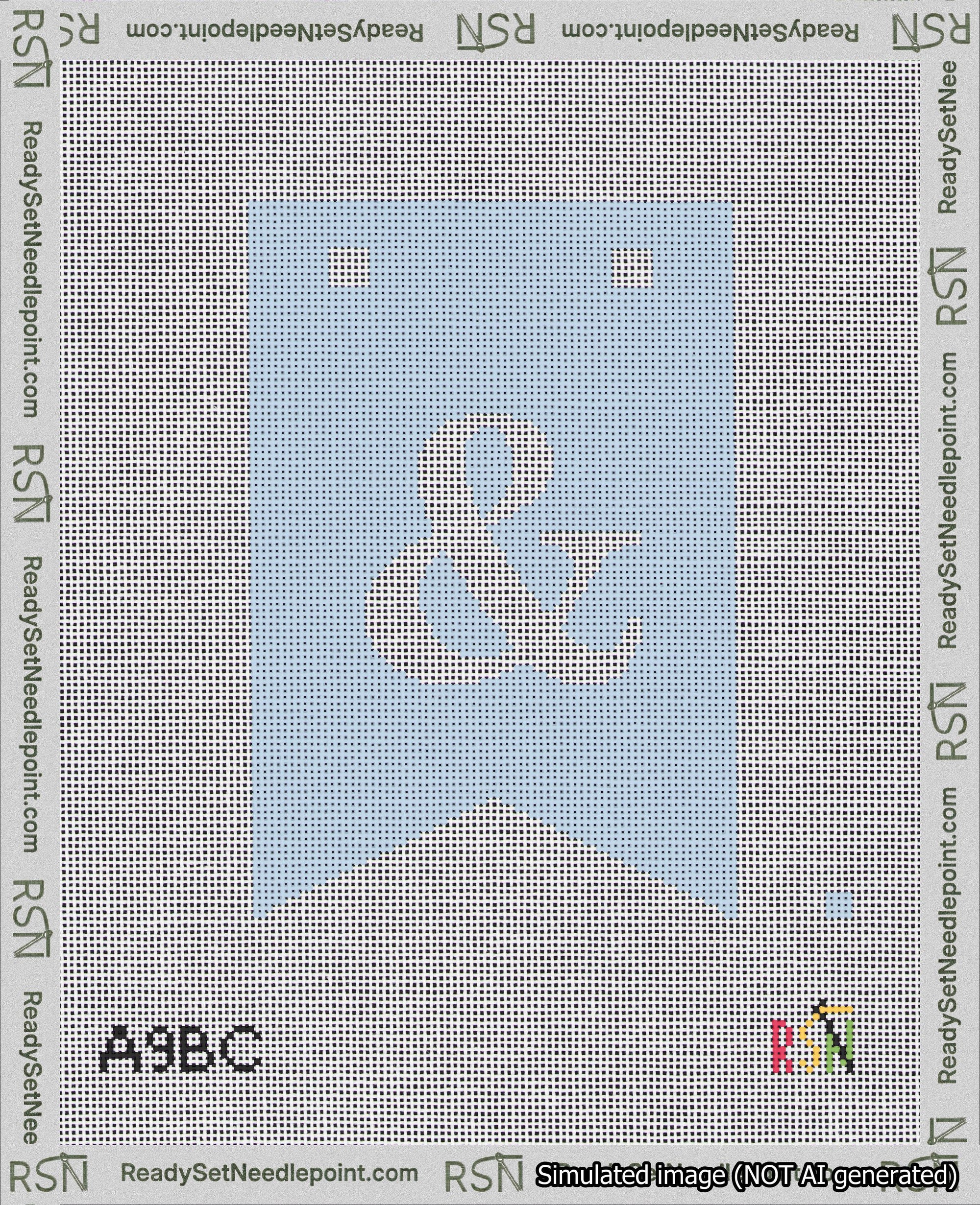A taped needlepoint canvas with the design: Banner 18 mesh count Forked Ampersand White on Light Blue.