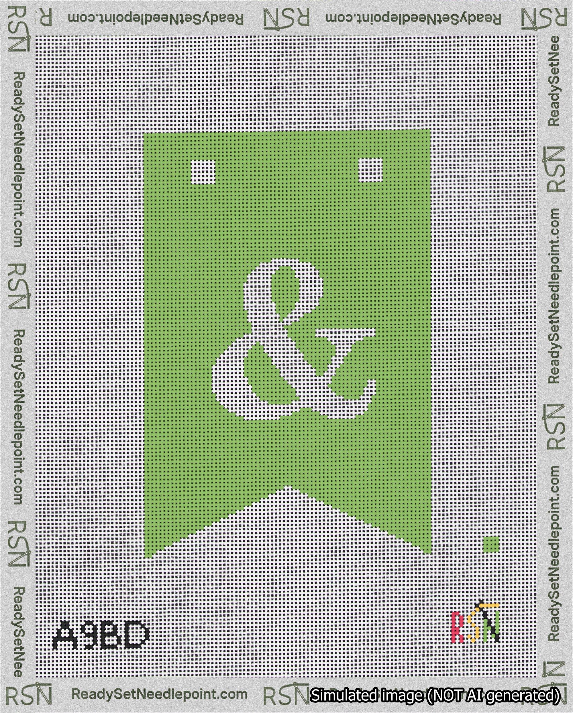 A taped needlepoint canvas with the design: Banner 18 mesh count Forked Ampersand White on Light Green.